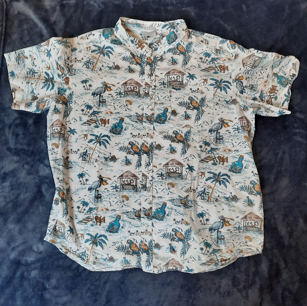 Columbia Tropical Island Beach White/Blue Men's Short Sleeve Button Down Size XL
